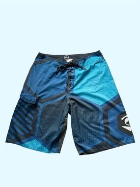 Vintage Y2K Quiksilver Board Shorts Cypher Bold Blue Print Size 34